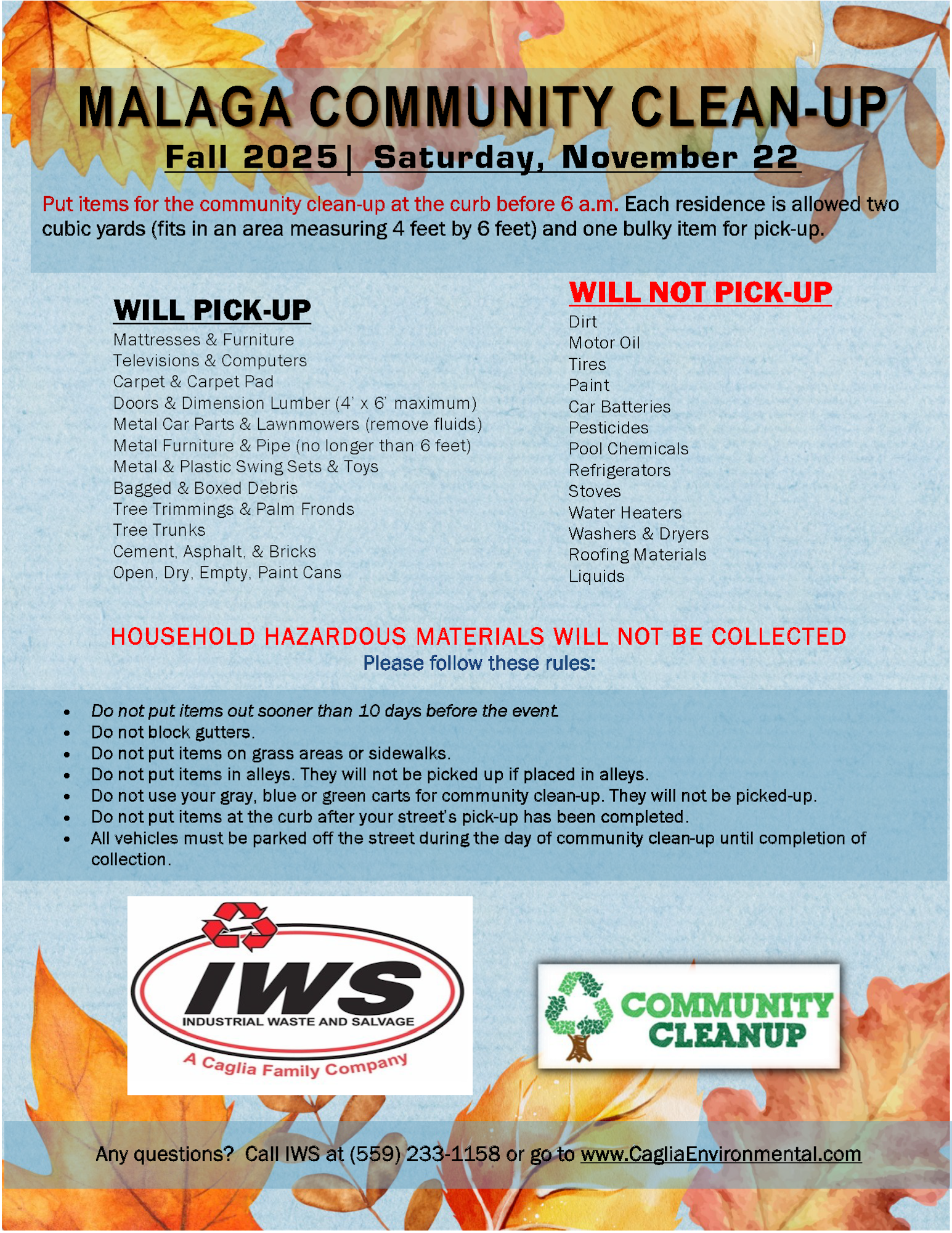 Flyer for Malaga Community Clean-Up on November 22, 2025. Details on what will and won't be picked up, plus guidelines and contact info.