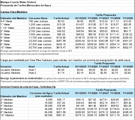 Three tables showing water meter diameter, base consumption, users, levels, and proposed tariffs from 2025 to 2029.