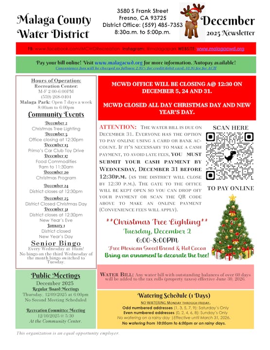 Malaga County Water District December 2025 newsletter with events, office hours, holiday closures, and water bill payment info.