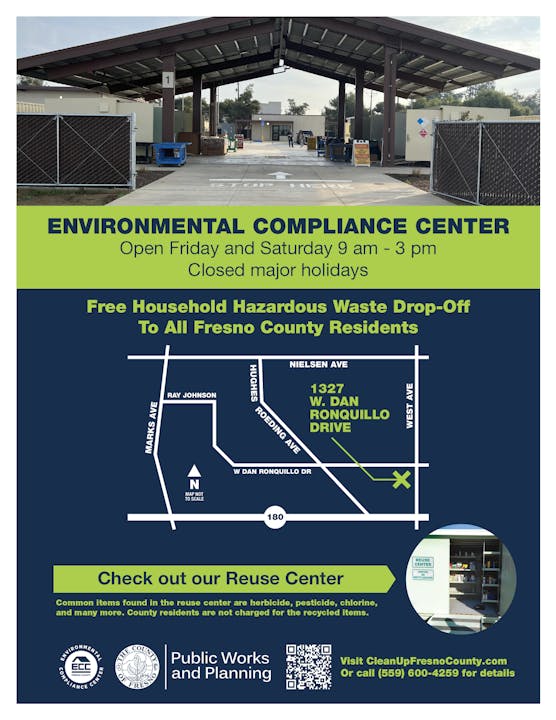 The image shows an Environmental Compliance Center in Fresno County for hazardous waste drop-off, open Friday and Saturday.