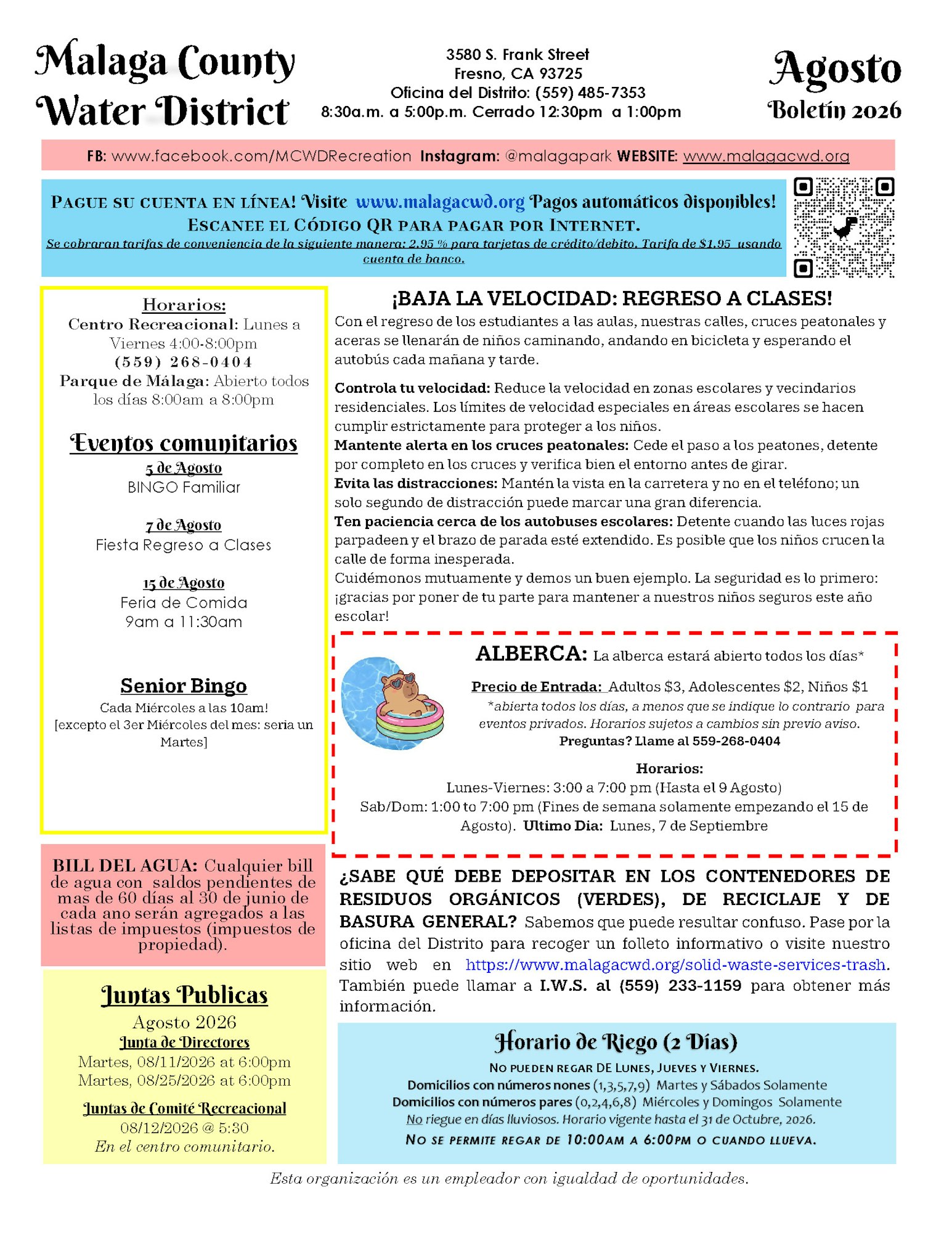 This image is a bulletin from the Malaga County Water District with schedules for events, community services, and important announcements.