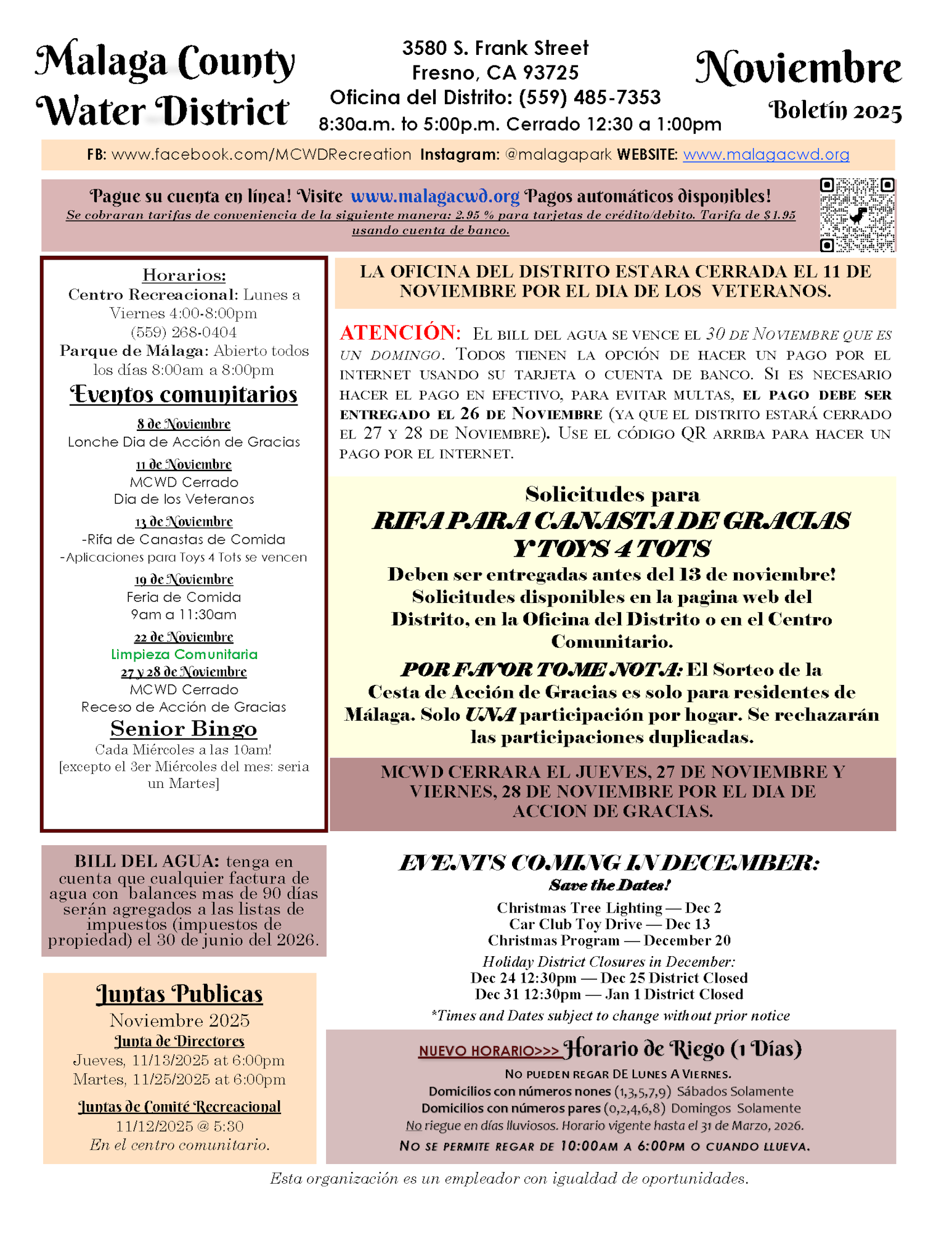 Newsletter for Malaga County Water District, November 2025. Includes events, closures, billing info, and holiday notices.
