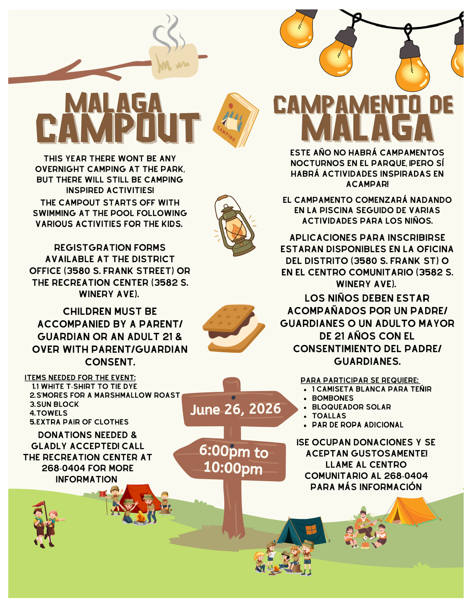 The image details the Malaga Campout on June 26, 2026, with swimming, activities, and registration info for kids with guardians.