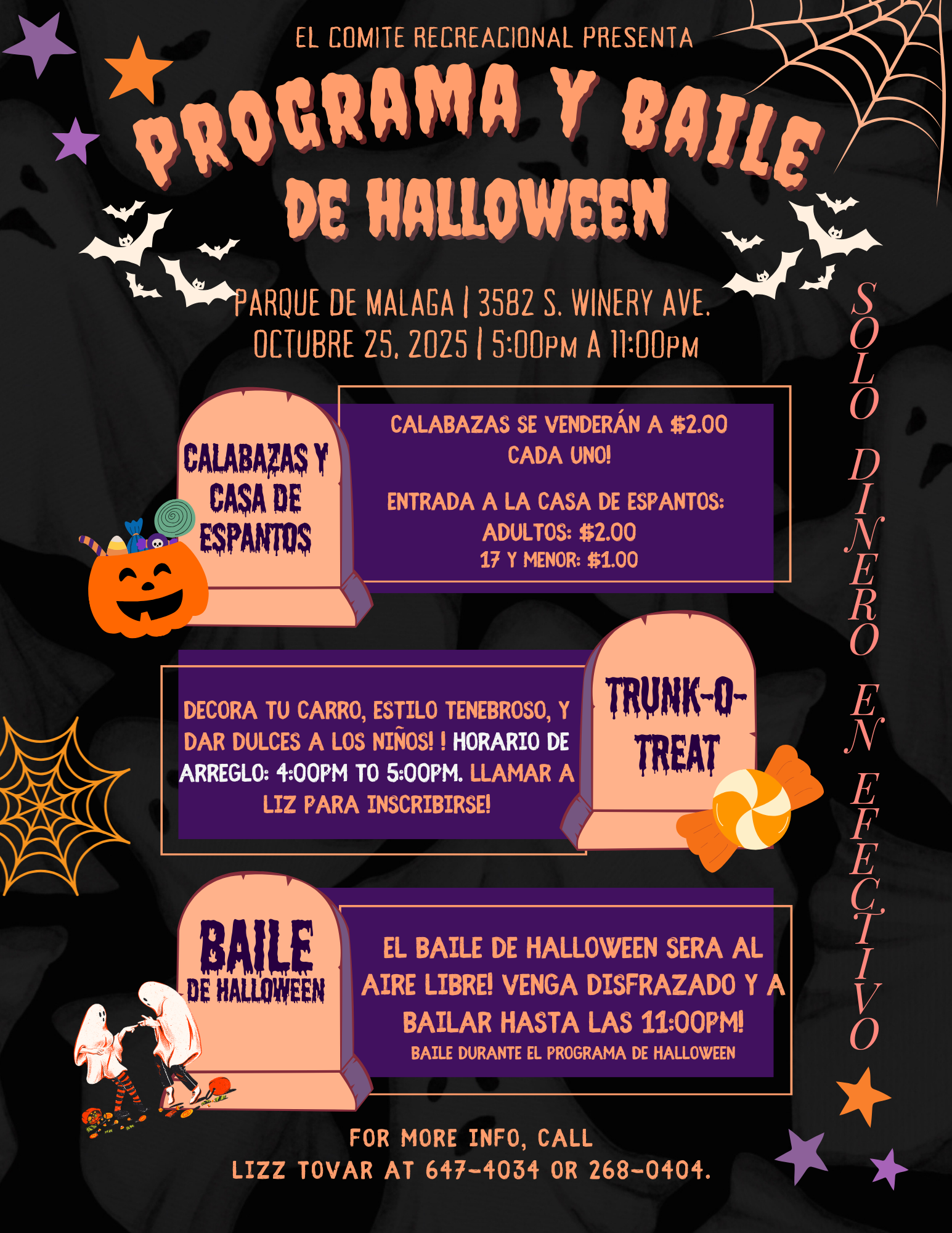 Halloween program and dance event on Oct 25, 2025, 5PM-11PM at Parque de Malaga. Activities include pumpkin sale, haunted house, and trunk-o-treat.