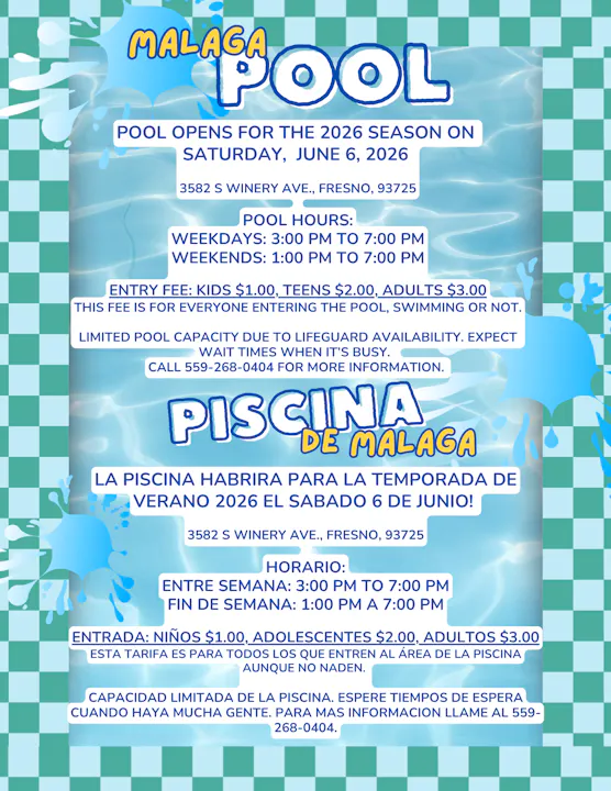 The Malaga Pool opens June 6, 2026. Hours: Weekdays 3-7 PM, Weekends 1-7 PM. Fees: Kids $1, Teens $2, Adults $3. Limited capacity.