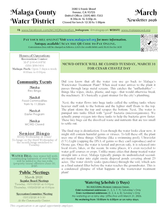 The image is a newsletter from the Malaga County Water District detailing events, hours, and information about the wastewater treatment process.