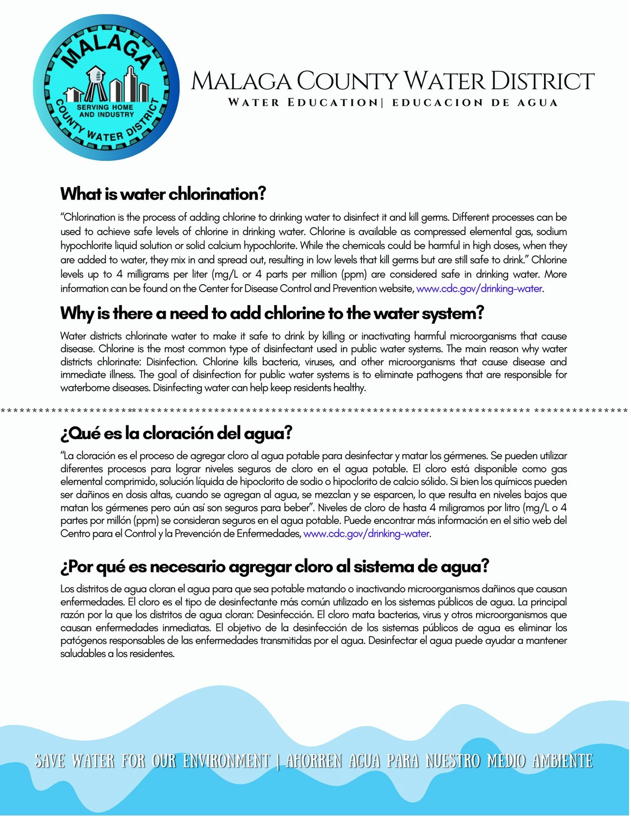 An informational poster on water chlorination by Malaga County Water District, in English and Spanish.
