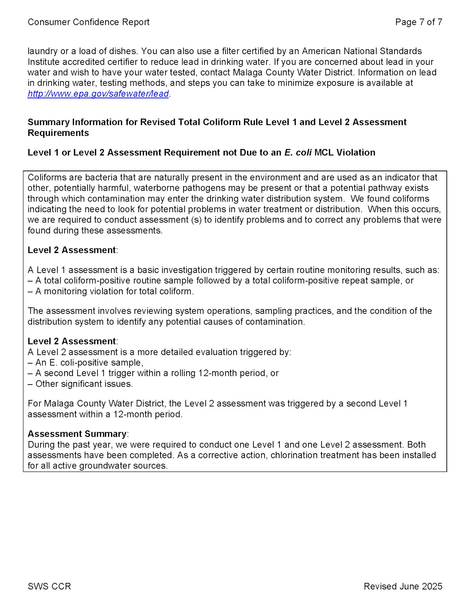 Consumer Confidence Report page about water safety, assessment levels, and corrective actions for coliform bacteria contamination.