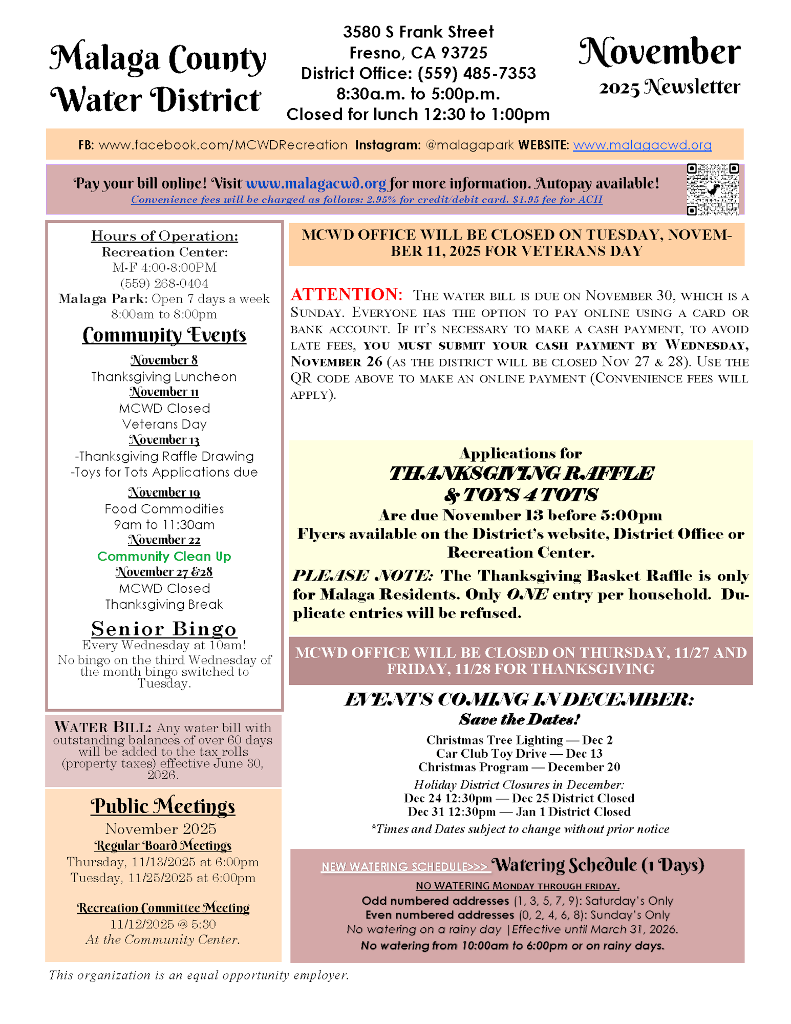 Malaga County Water District newsletter: events, water bill info, office hours, and a Thanksgiving raffle for November 2025.