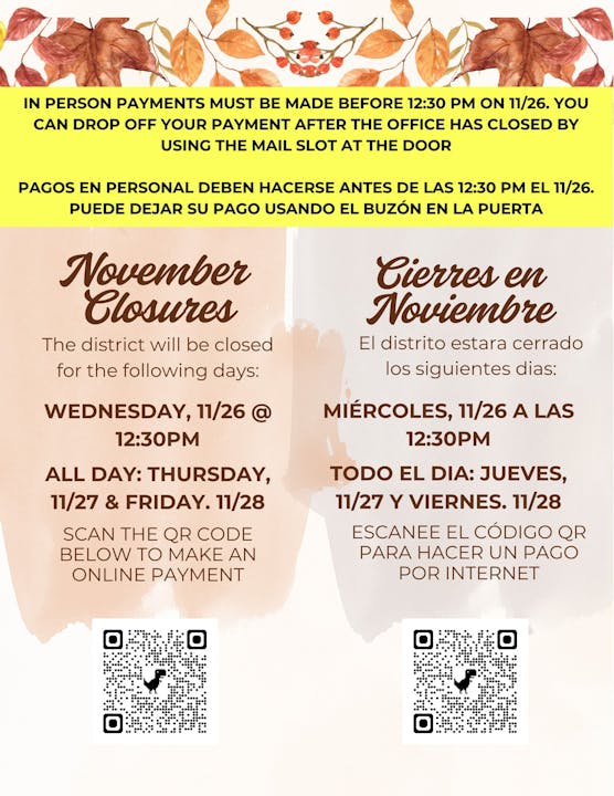 The image details November payment deadlines and office closures, including online payment options via a QR code.