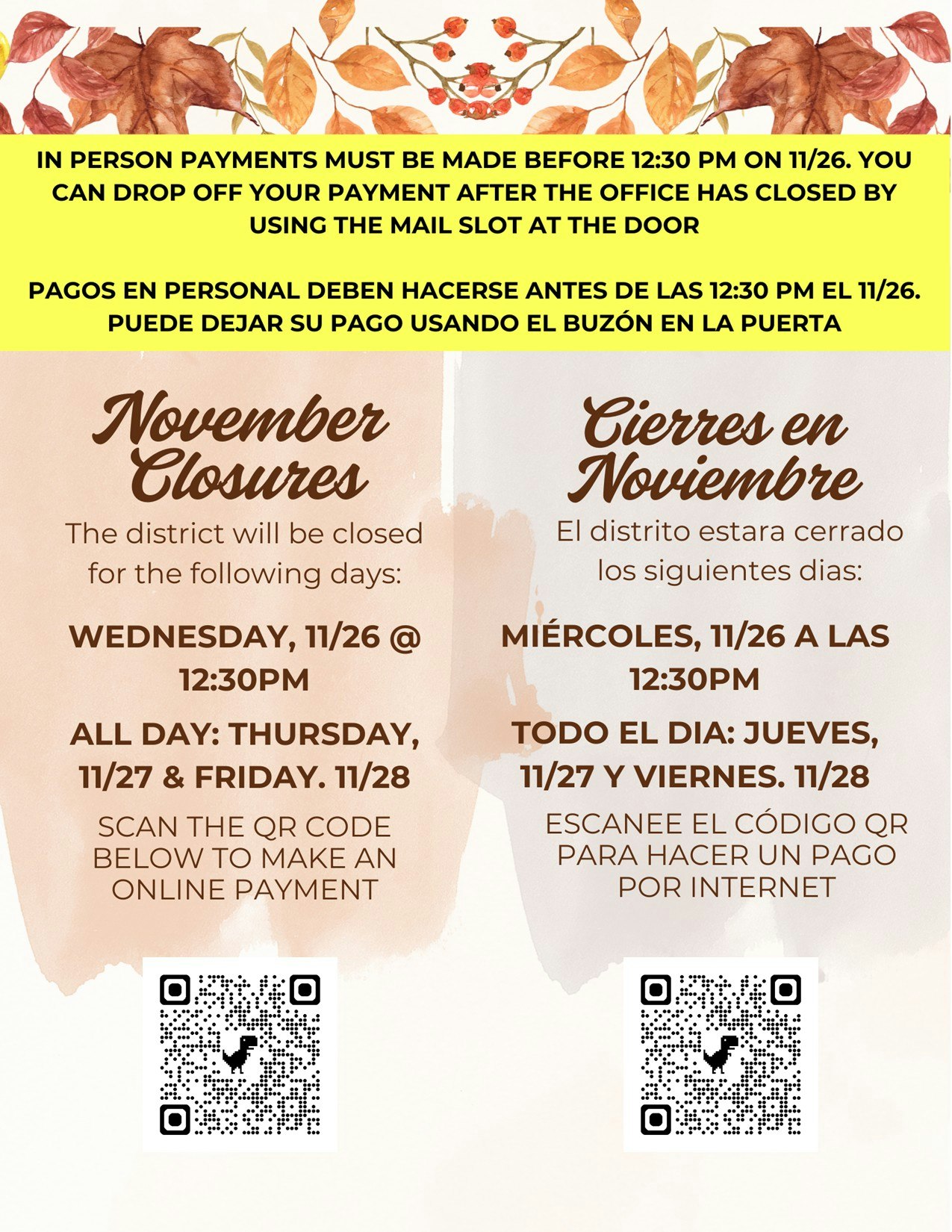 The image details November payment deadlines and office closures, including online payment options via a QR code.