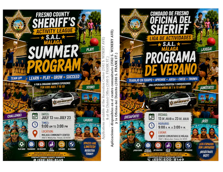 The image promotes Fresno County Sheriff's Summer Program for kids ages 7-10, running July 13-23, 9 AM-3 PM. Applications available at local centers.