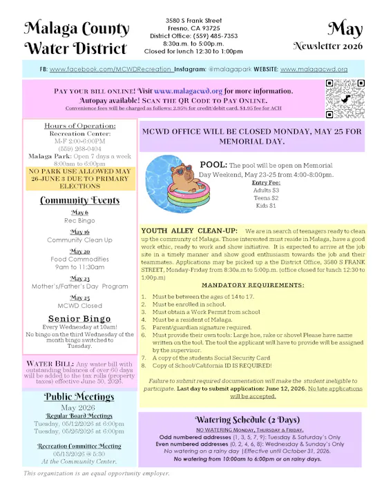 The image is a newsletter from the Malaga County Water District, detailing events, hours, and announcements for May 2026.