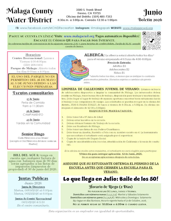 The image is a bulletin for the Malaga County Water District, detailing events, pool hours, youth cleanup, and requirements for summer activities.