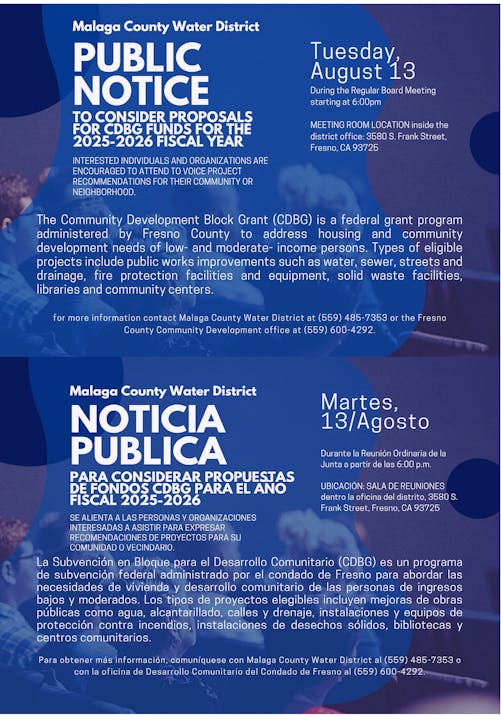 A bilingual public notice for a meeting about CDBG funds proposals for the fiscal year 2025-2026 by the Malaga County Water District.