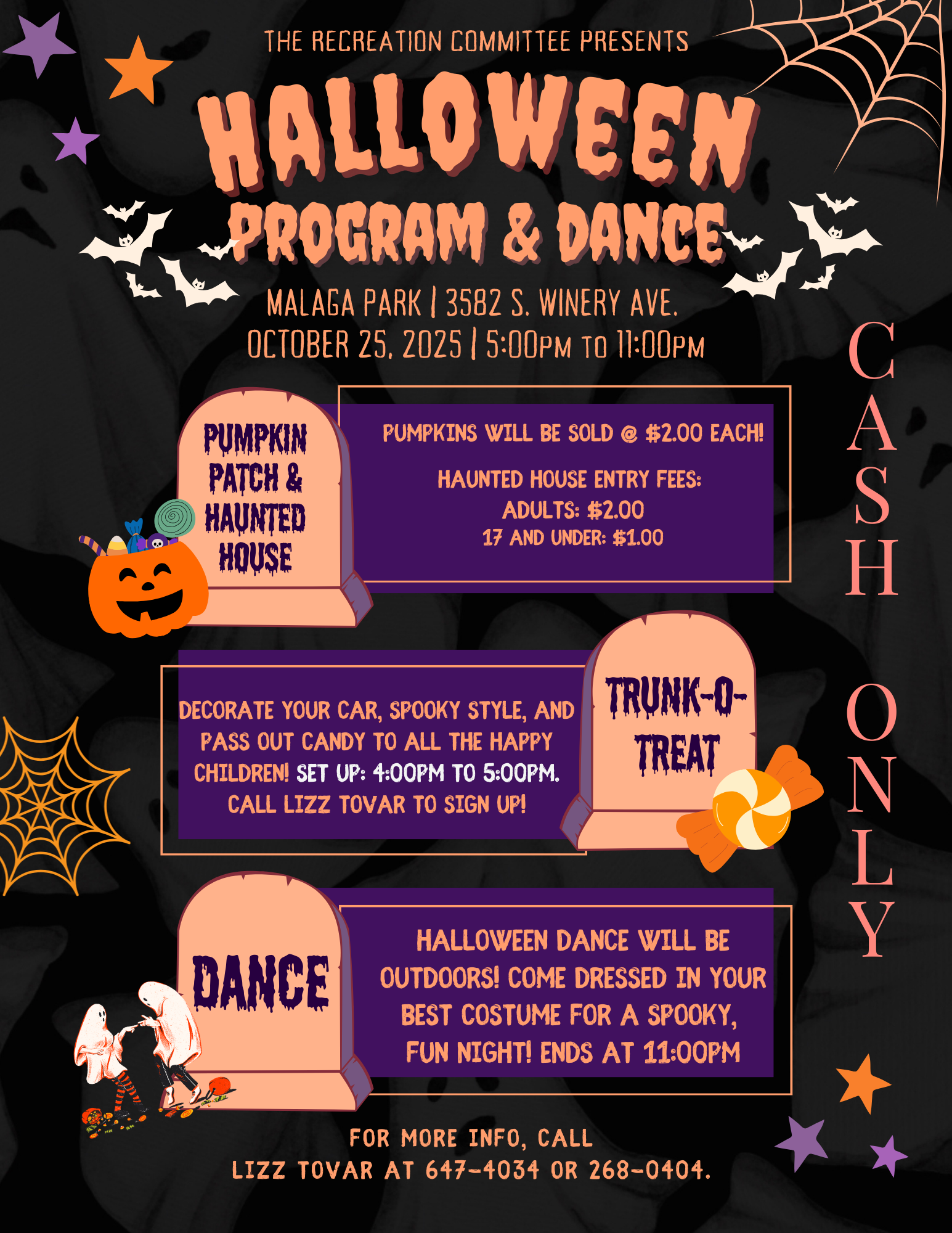 Halloween event poster for a program and dance at Malaga Park, Oct 25, 2025, 5-11 PM. Features activities like trunk-o-treat and dance.