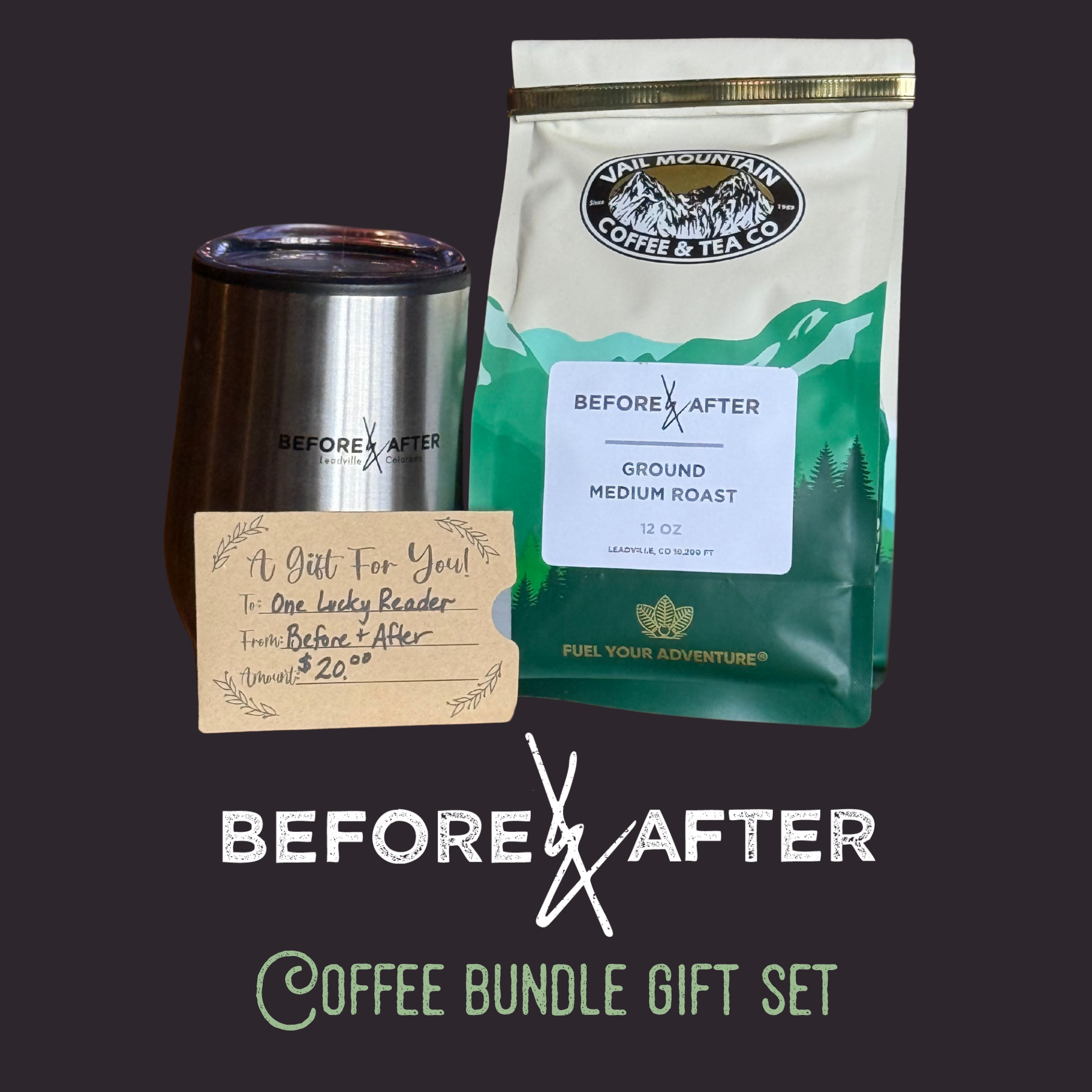 Coffee gift set with a mug, medium roast coffee, and a gift card from "Before & After" for one lucky reader valued at $20.