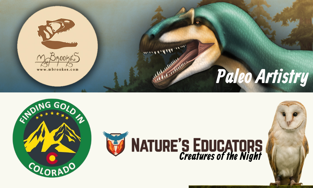 The image features logos for paleo artistry, gold finding in Colorado, and a nature education program about nocturnal creatures.