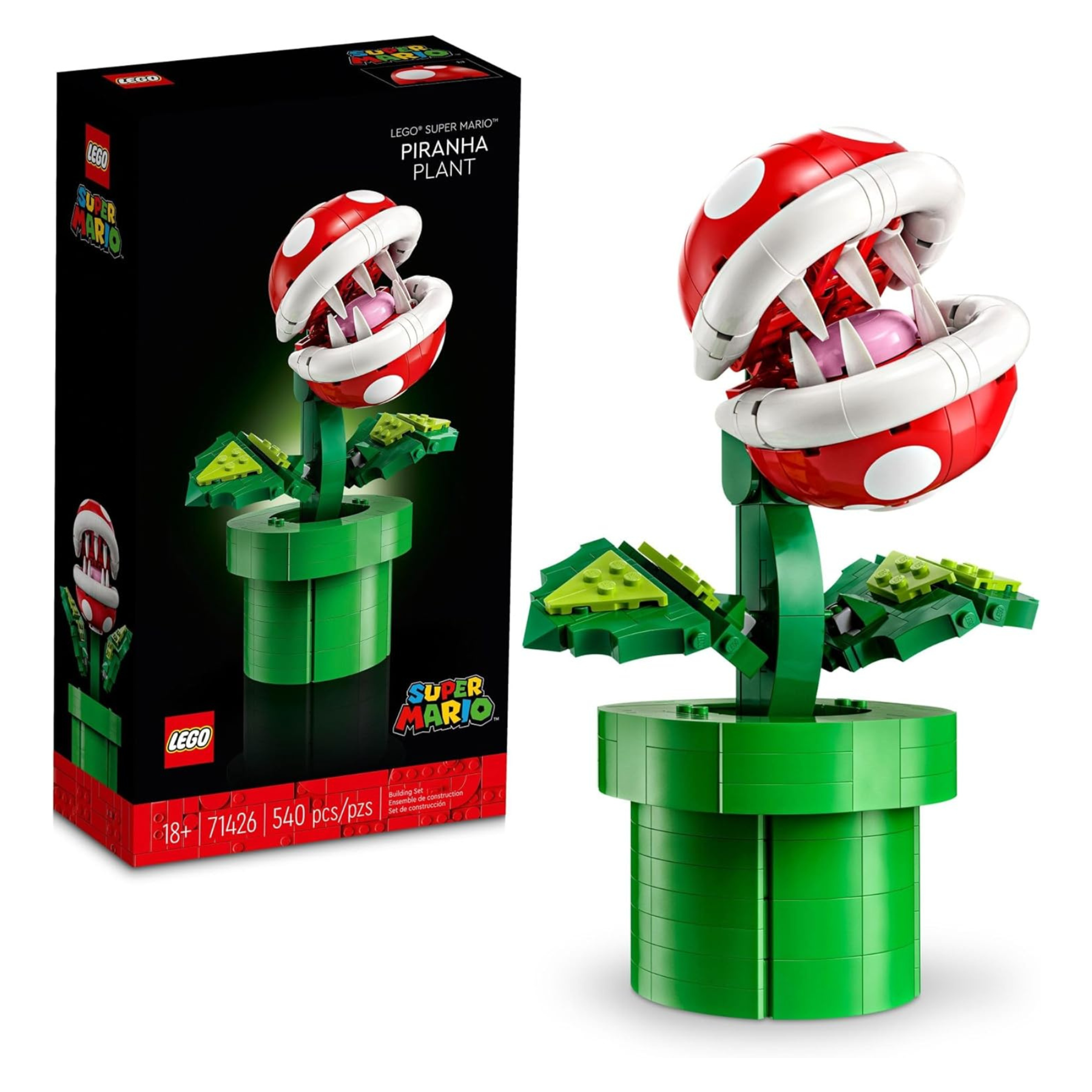 LEGO Super Mario Piranha Plant set with 540 pieces, featuring a red-and-white plant in a green pipe.