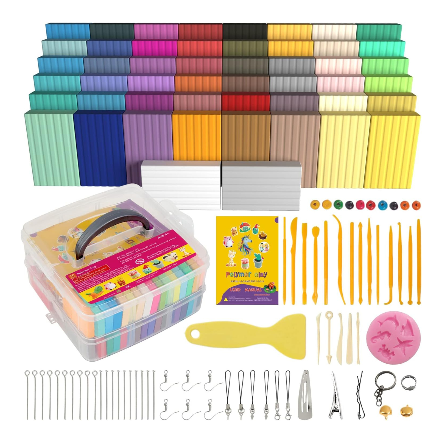 A polymer clay set with assorted colors, tools, accessories, and a storage box for crafting.