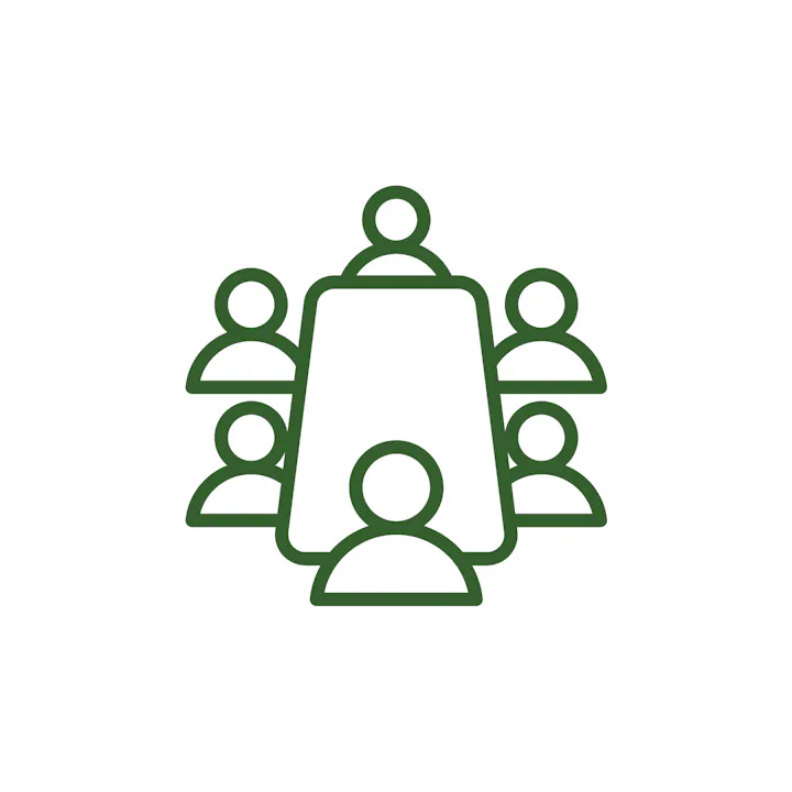 Simple illustration of five people sitting around a conference table.