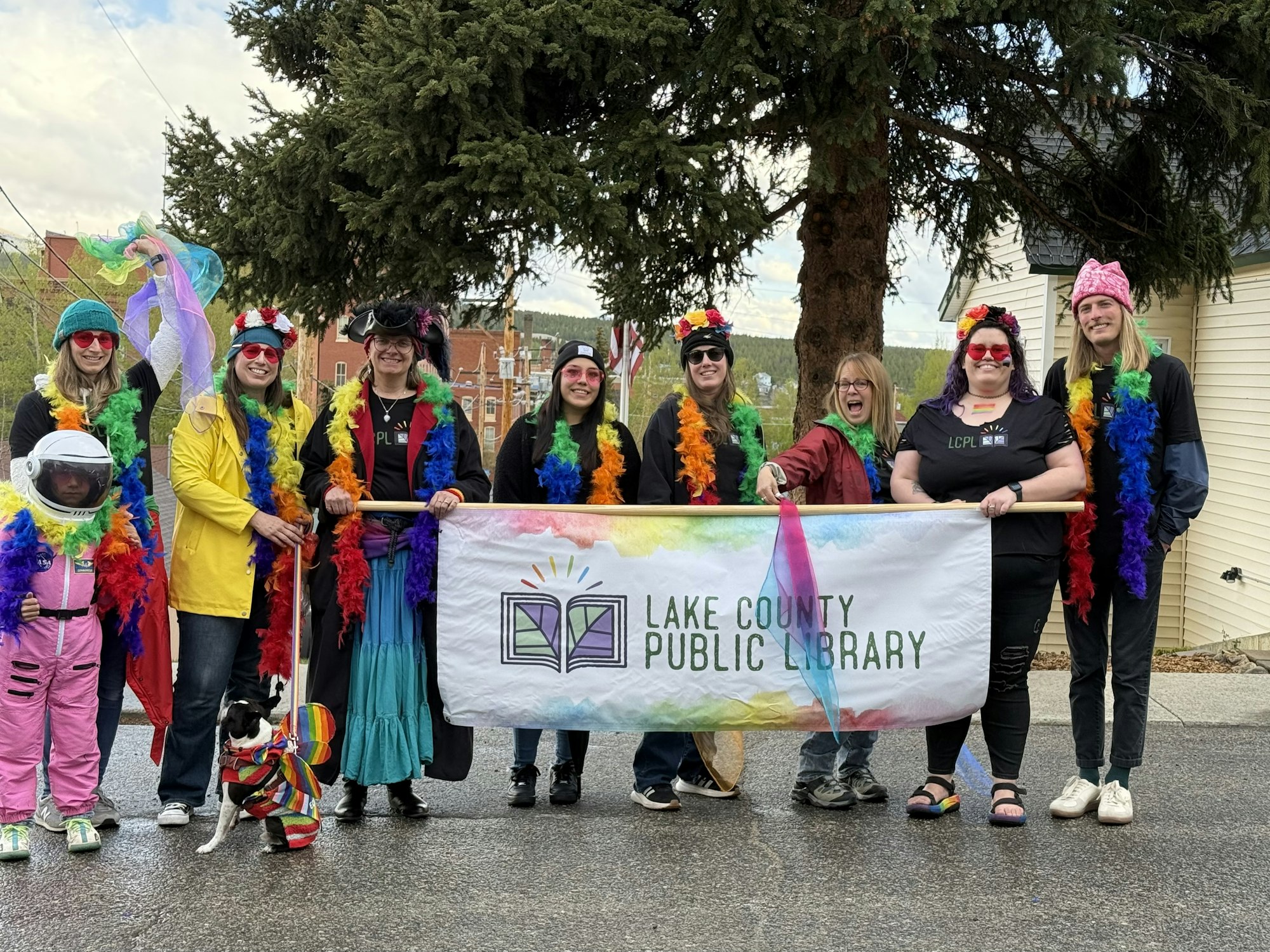 A group of colorful individuals in festive attire poses with a Lake County Public Library banner, promoting community spirit.