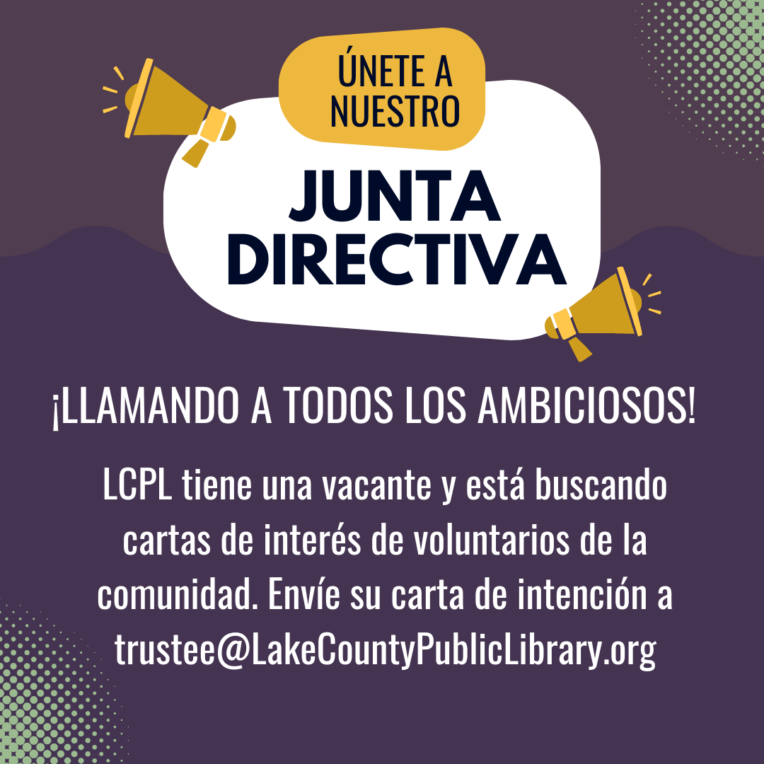 Image announces a call for volunteers for LCPL's board. Interested candidates should send a letter of intent to the provided email.