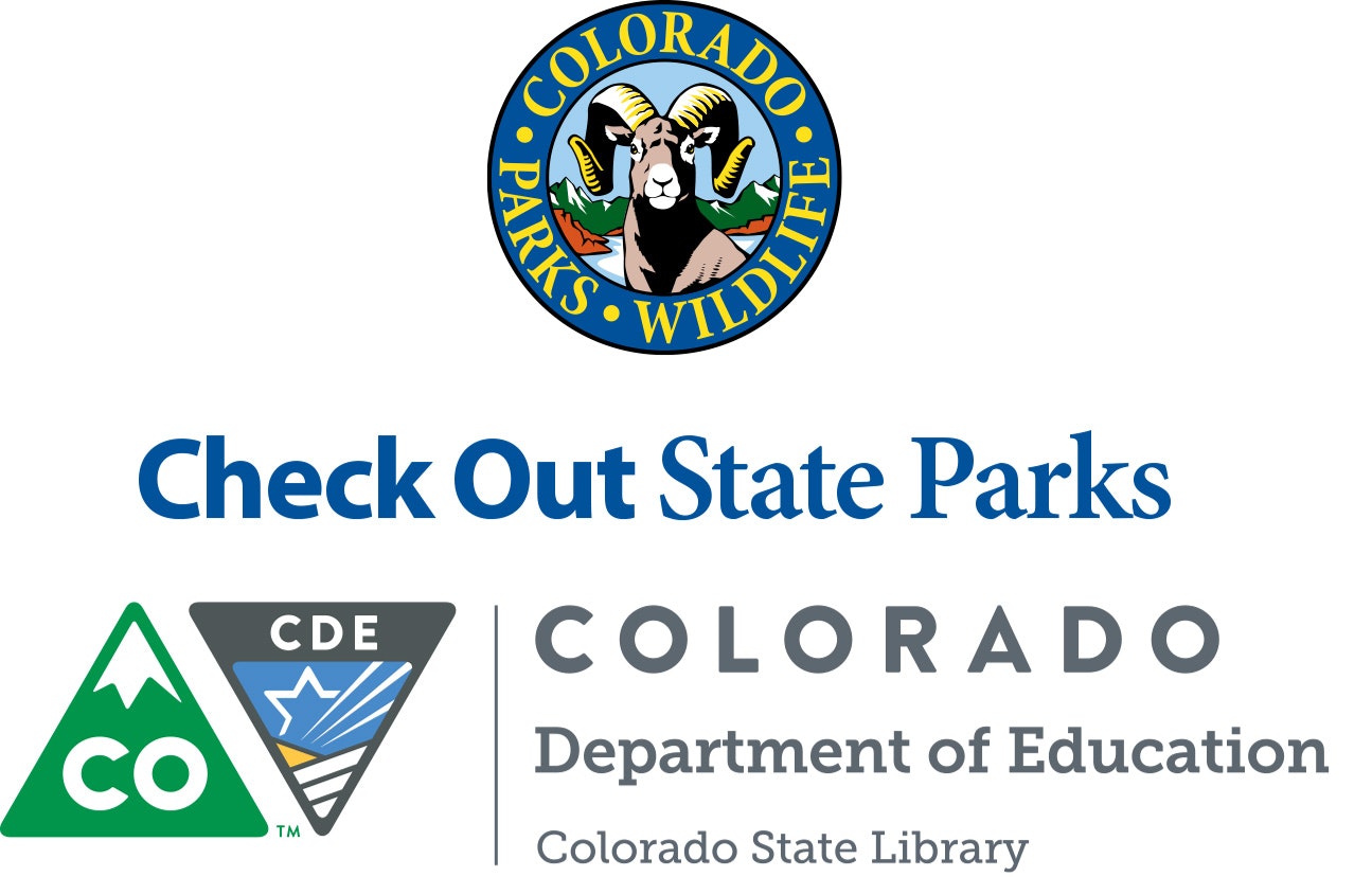 Logos of Colorado Parks & Wildlife, and departments of education and library with text "Check Out State Parks".