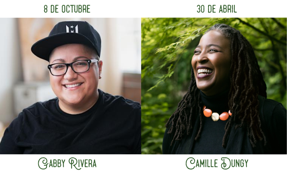 The image features two individuals: Gabby Rivera on the left (October 8) and Camille Dungy on the right (April 30), each smiling.