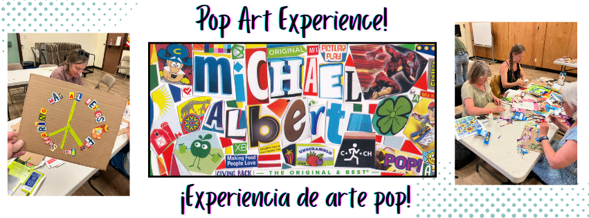 Pop art collage workshop, peace symbol art, participants creating colorful pieces at tables.