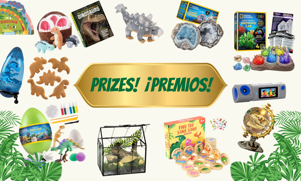 The image features various prizes, including toys, books, and science kits, all themed around dinosaurs and exploration.