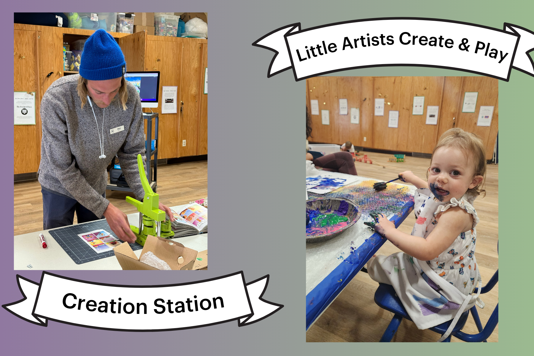 Left: Person using a button maker. Right: Child painting with colorful paint.