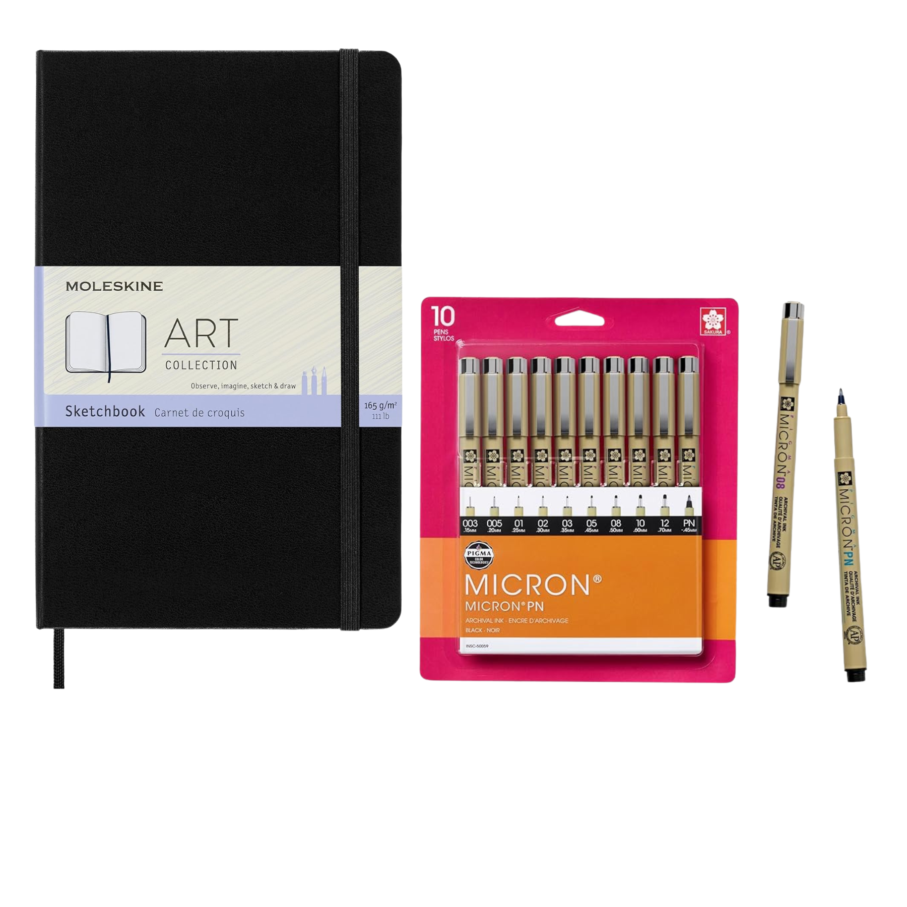 Moleskine sketchbook and Micron pens set, including 10 black archival ink pens in varying sizes and types.