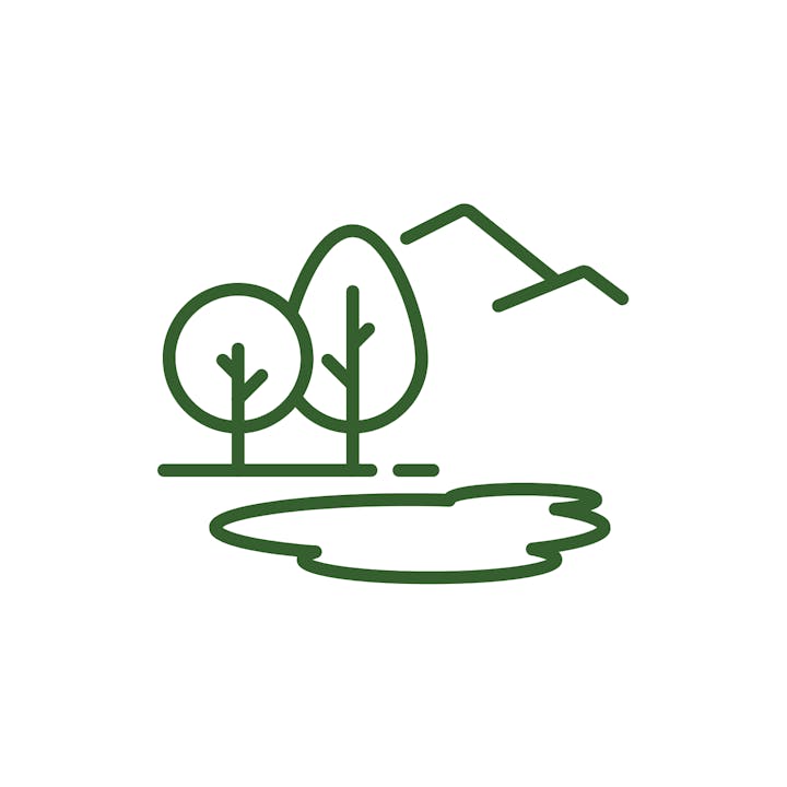 Simple line art of trees, a hill, a path, and a small body of water.