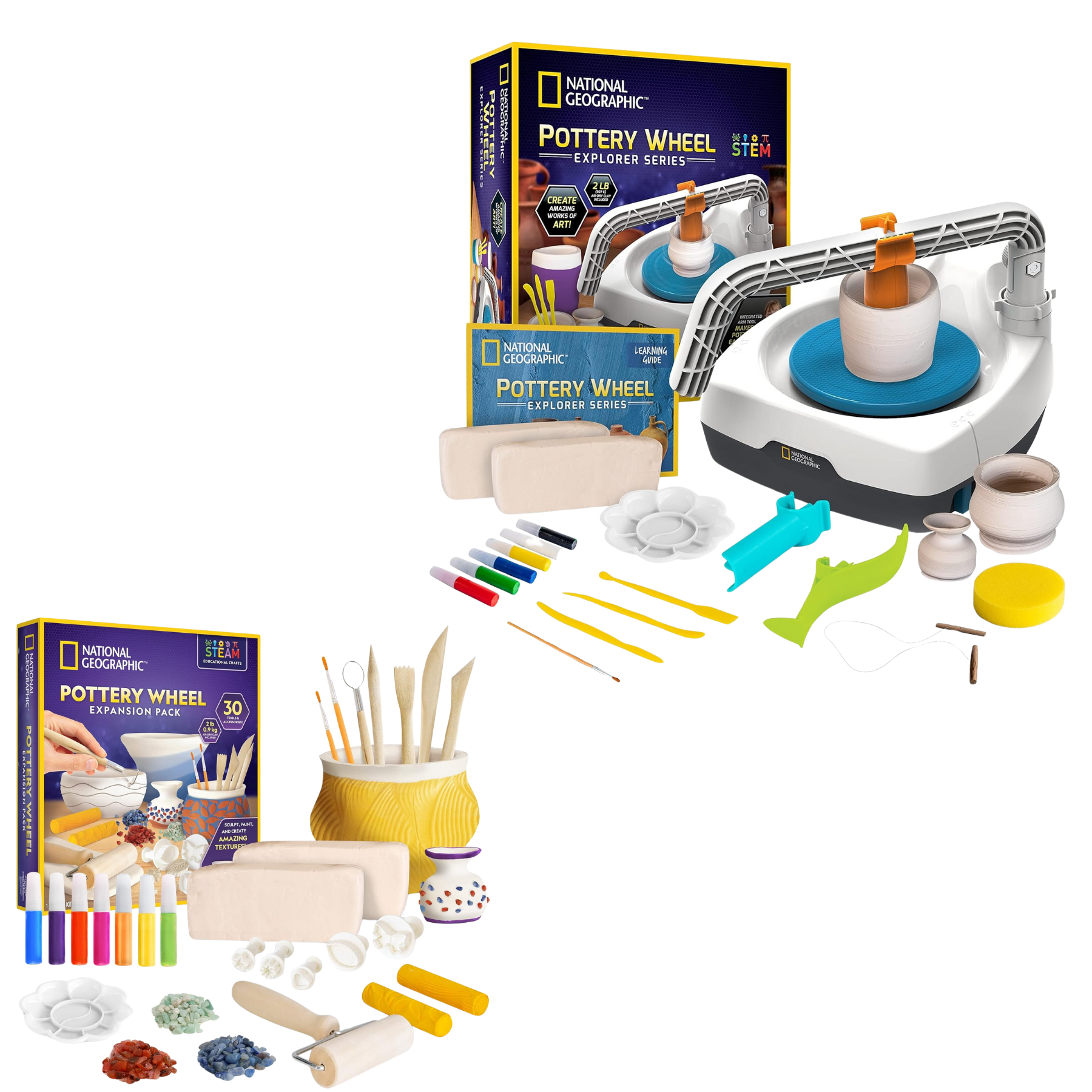 Pottery wheel kit with tools, clay, paints, and instructional materials from National Geographic.