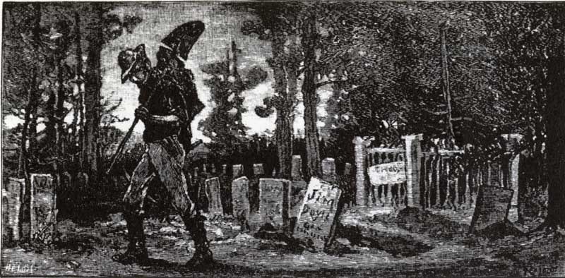 Eerie illustration of a figure in a graveyard at night, with gravestones and a dark, forested backdrop.