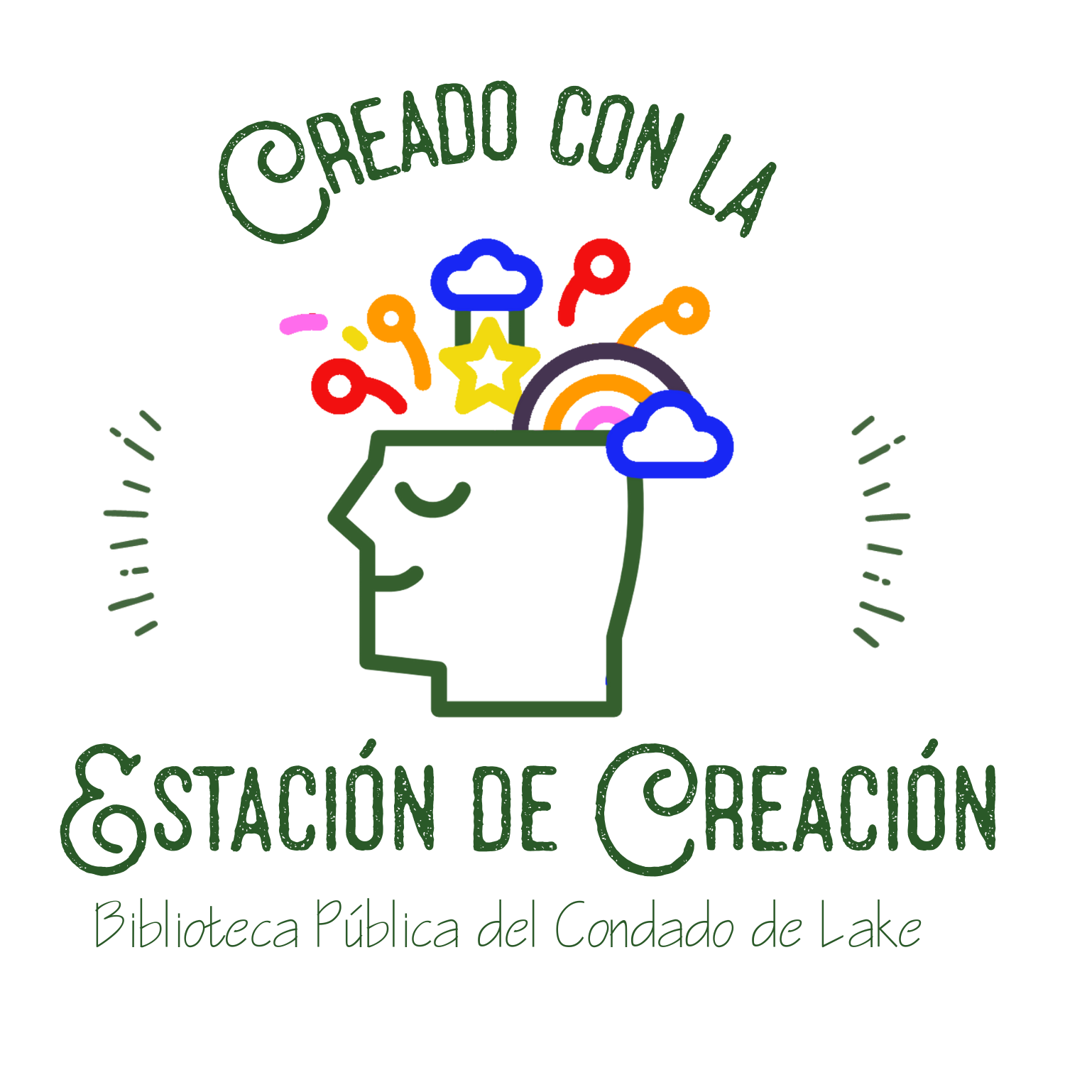 Head with creative elements and "Creado con la Estación de Creación, Biblioteca Pública del Condado de Lake" text.