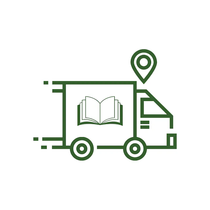 A delivery truck icon with a book and location pin symbol.