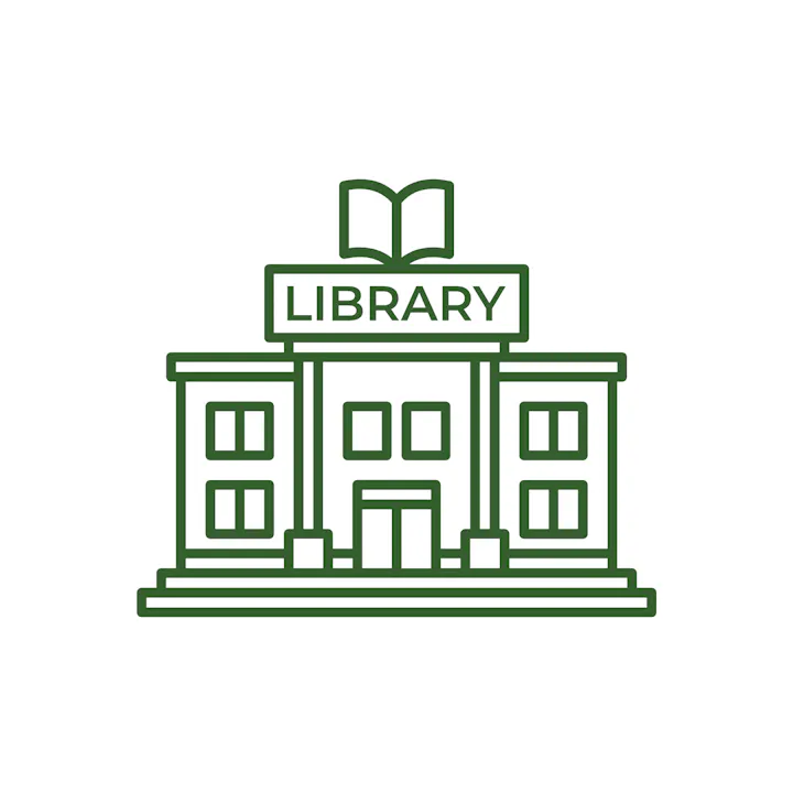 A line drawing of a library building with a book icon on top.