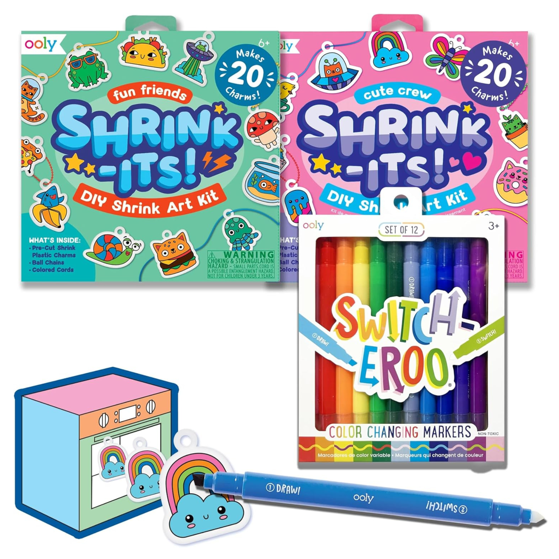 DIY Shrink Art Kits with color-changing markers and charms, featuring fun designs and mini oven illustration.