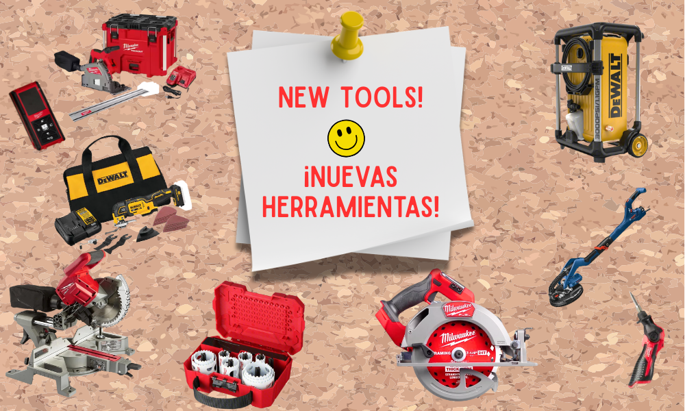 The image features various new tools with a note stating "New Tools!" and "¡Nuevas Herramientas!" prominently displayed.