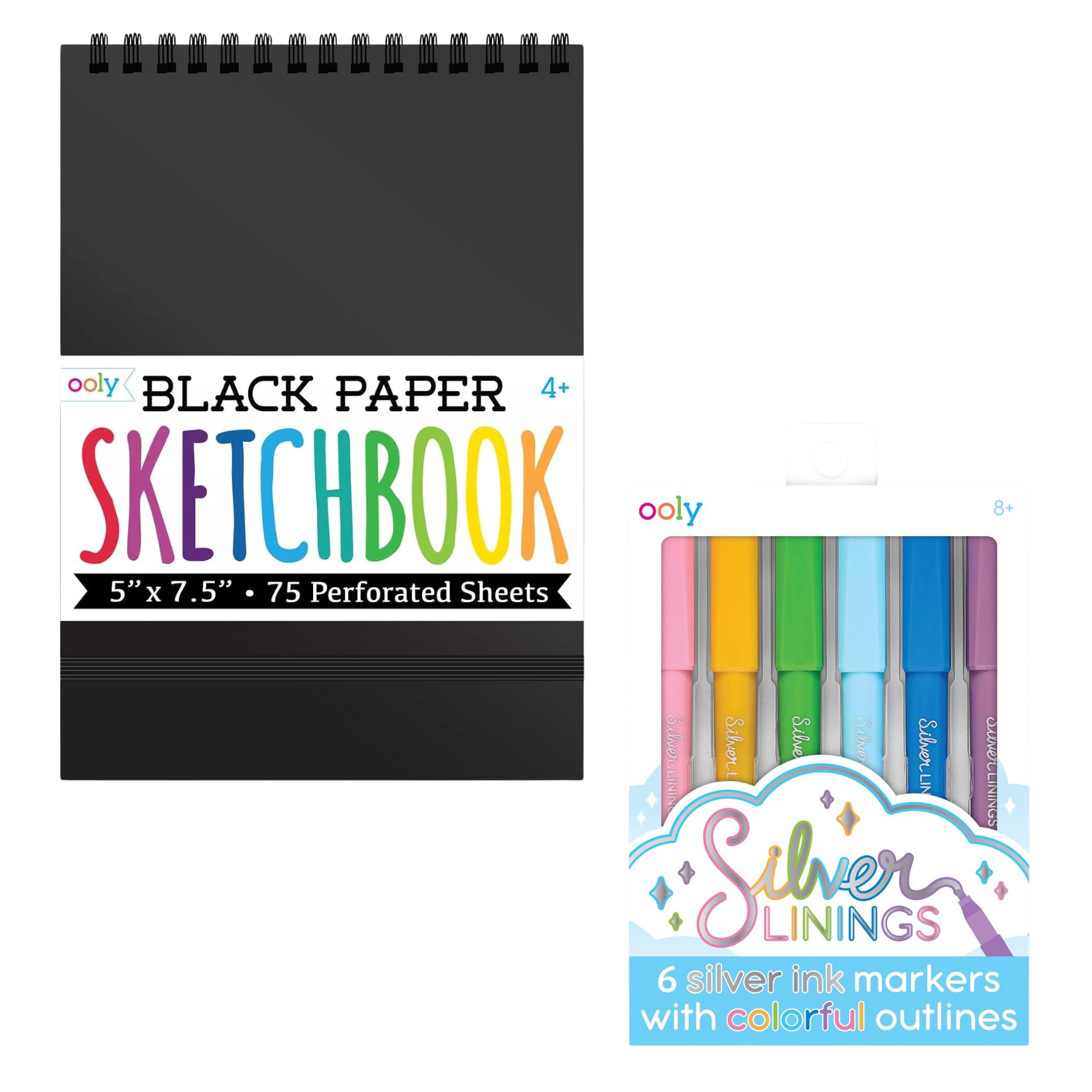 Black paper sketchbook and six colorful silver ink markers.