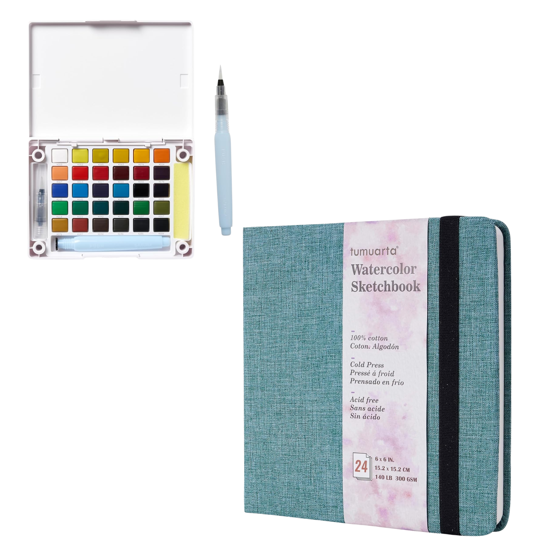 A watercolor set with brush, and a watercolor sketchbook with a turquoise cover and elastic band.