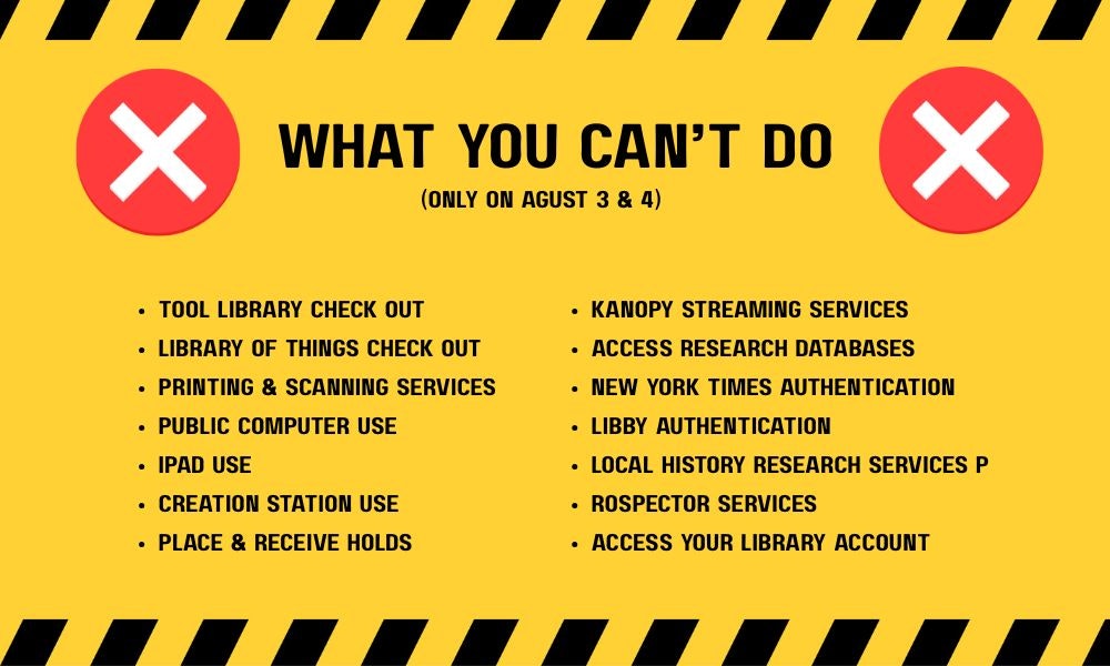 The image lists services unavailable on August 3 & 4 at a library, including check-outs, printing, and digital access.