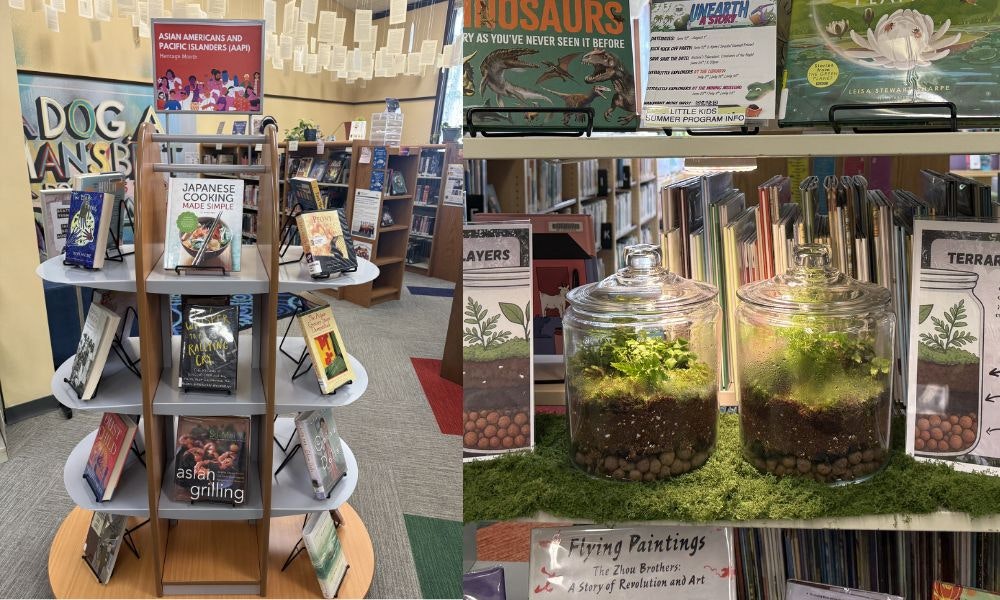 A library display featuring books on Asian culture and cooking, alongside terrariums with plants for educational purposes.