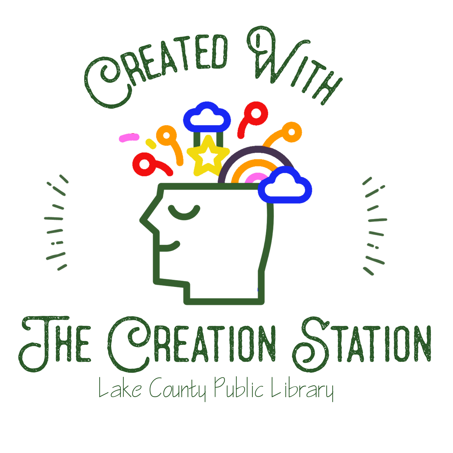 Head with creative symbols and text: "Created With The Creation Station, Lake County Public Library."