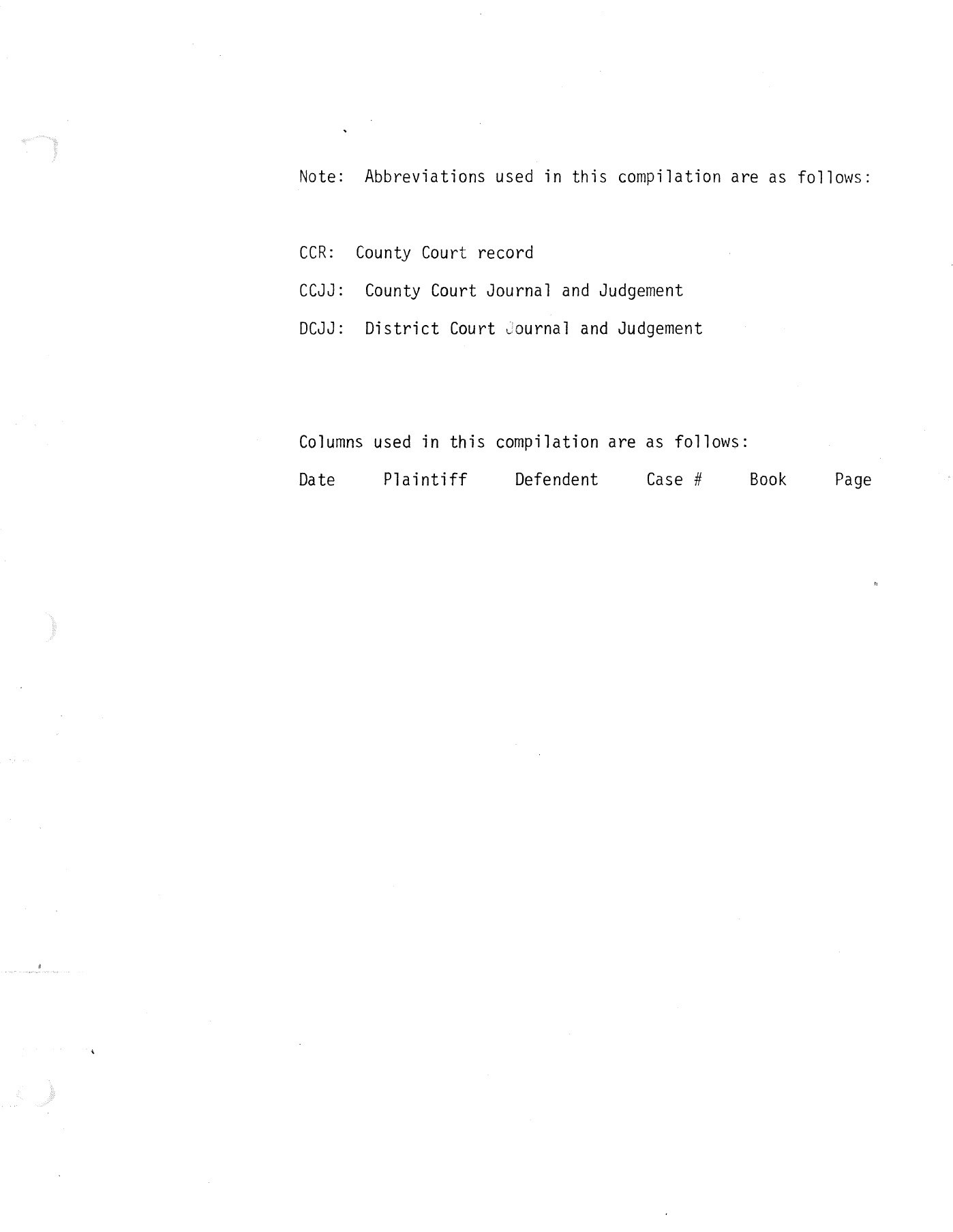 A document listing abbreviations and column headings for court records.
