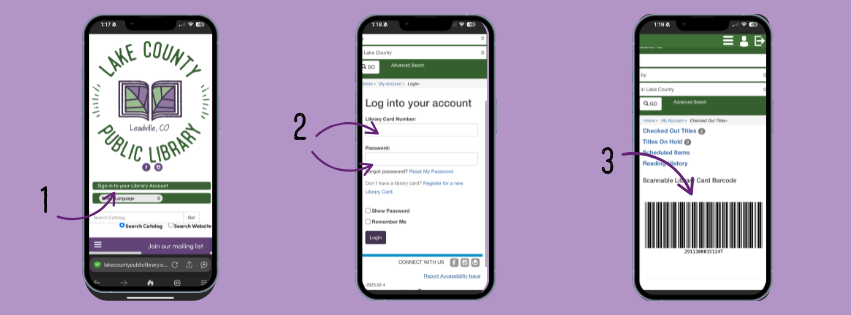 Three mobile screens showing steps to access a library barcode: login page, account entry, barcode display.