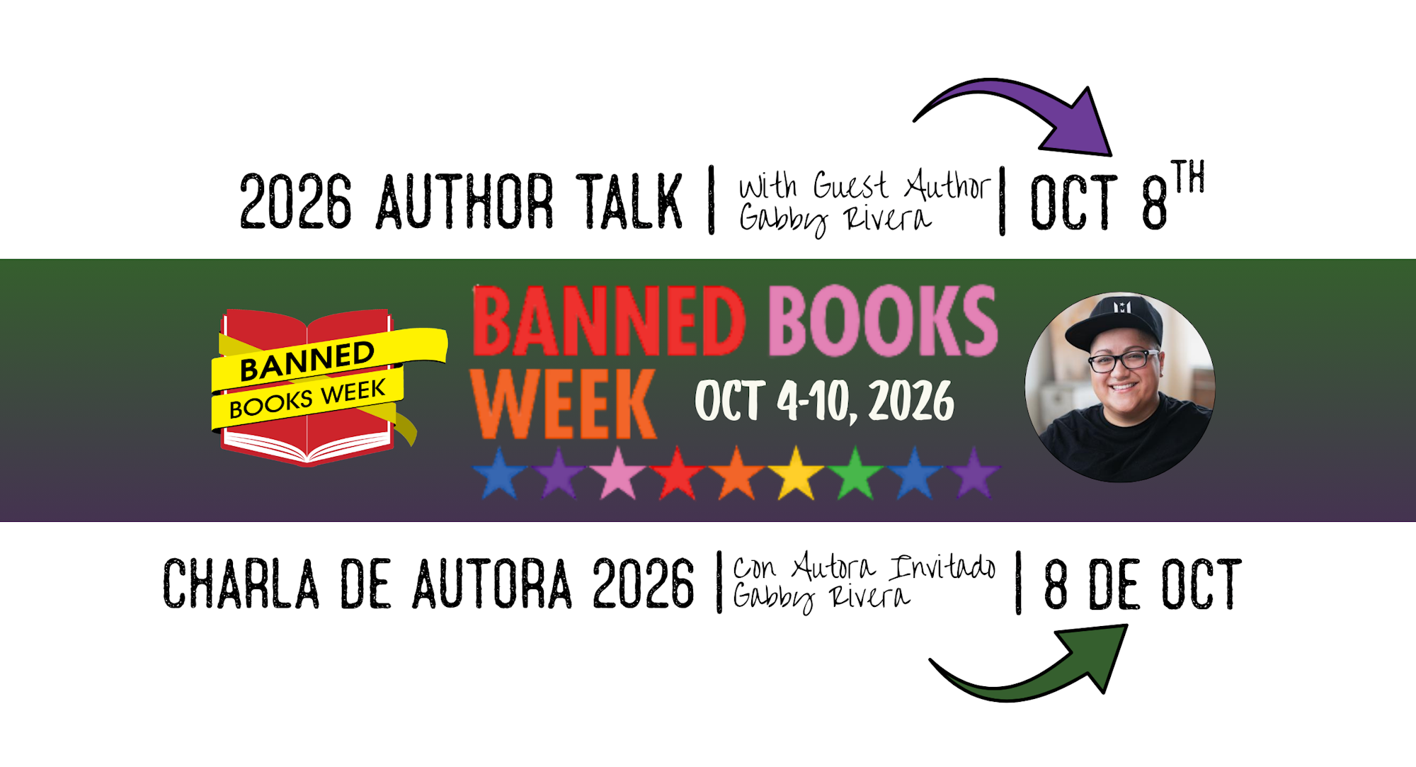 An author talk featuring Gabby Rivera on October 8, 2026, during Banned Books Week (October 4-10, 2026).