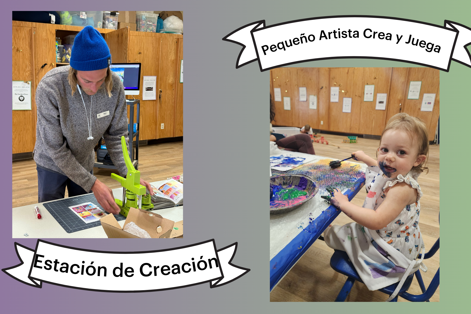 Two scenes: A person at a creation station and a child painting with finger paints. Labels in Spanish describe the activities.